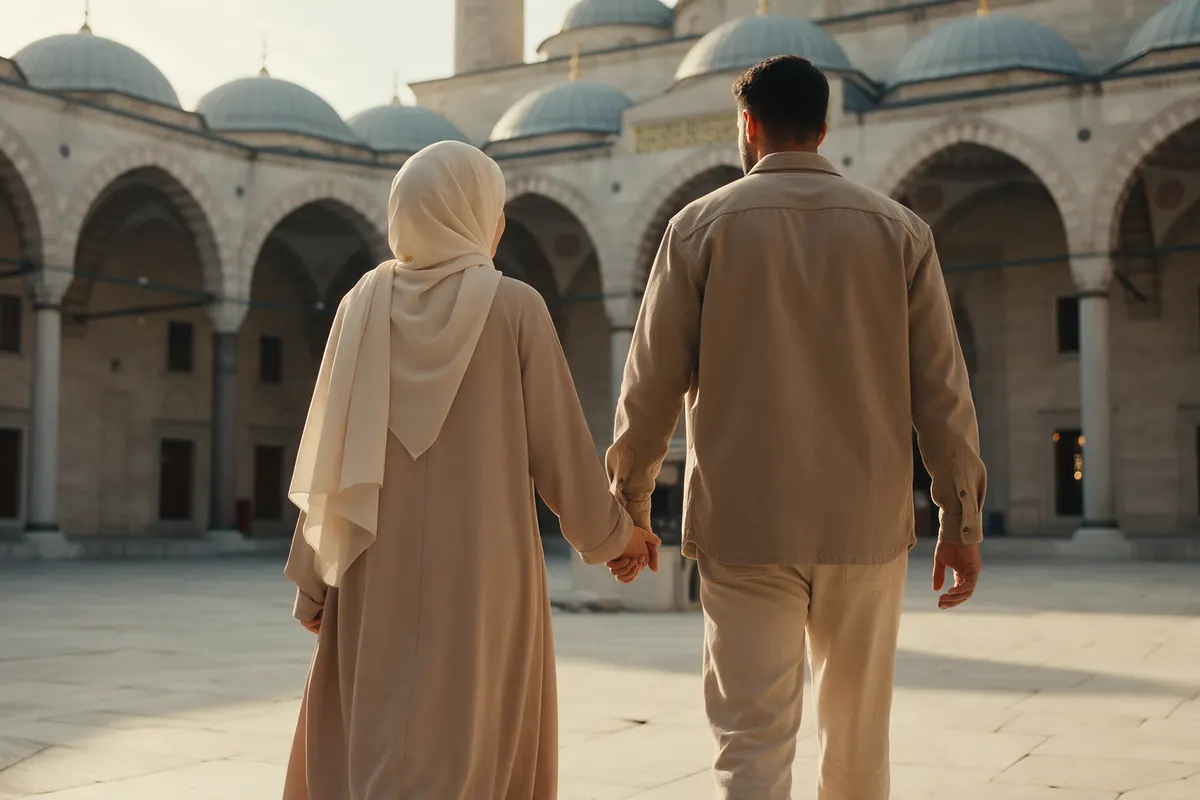Bir caminin avlusunda el ele, arkadan görünen bir çift